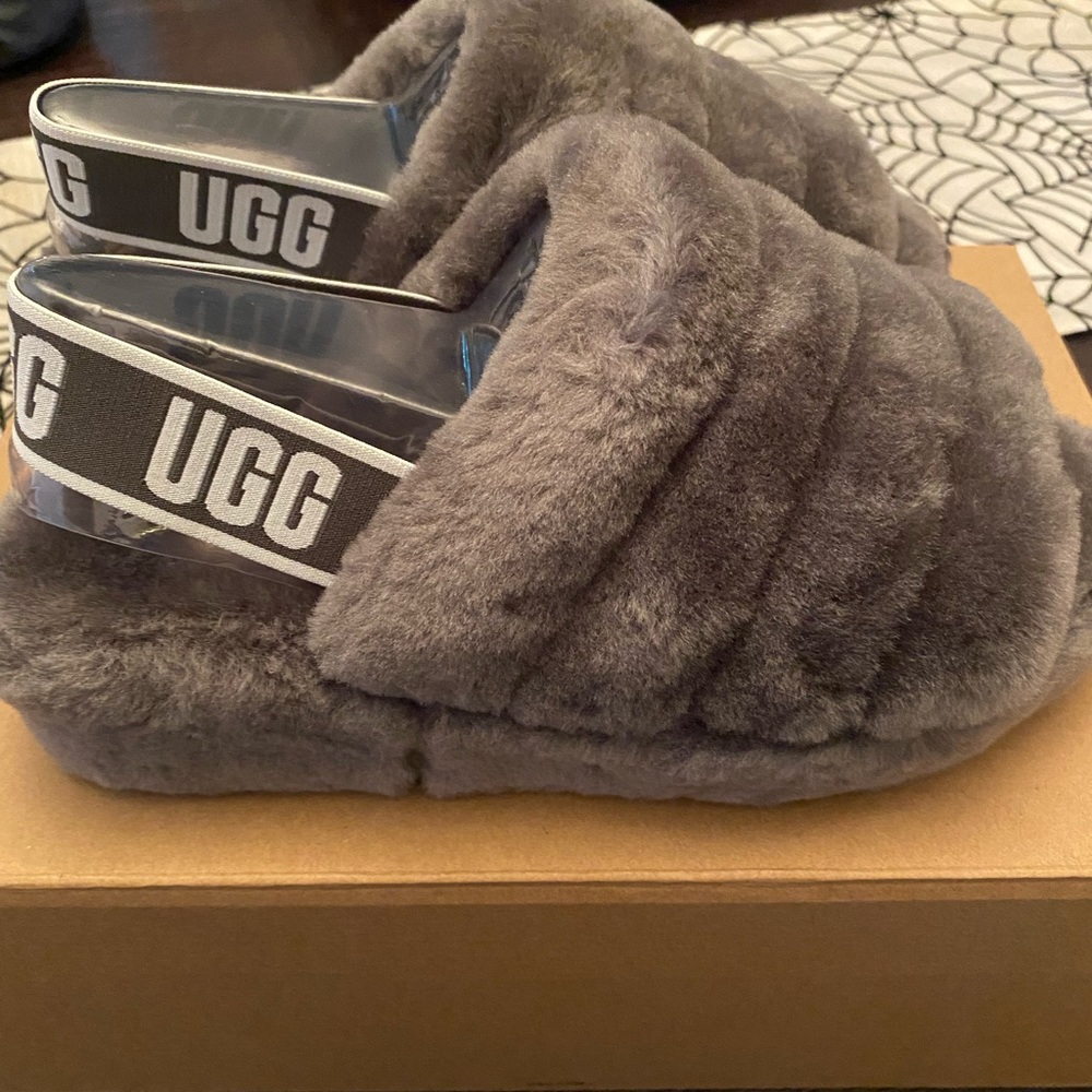 UGG Fluff Yeah Slide Charcoal Woman's Sheepskin Slipper Sandals #1095119 Size 7